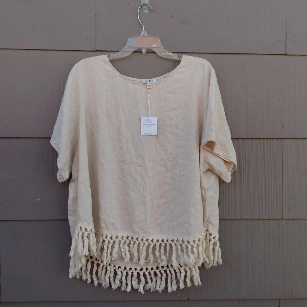 NWT Umgee ivory linen boho Fringe short sleeve top